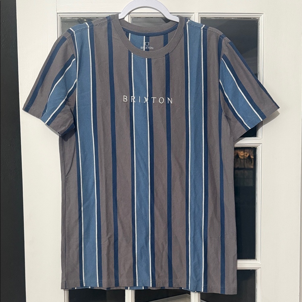 Brixton Men's Blue and Brown Striped Tee